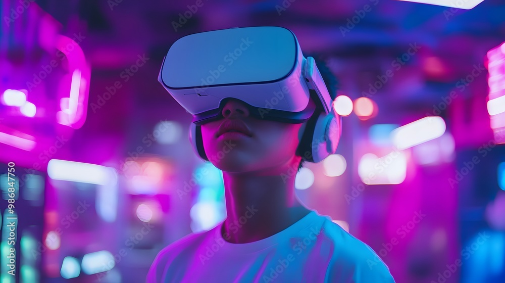 A teenager wearing a VR headset, immersed in a futuristic cyber world filled with vibrant neon colors and abstract digital elements. A teenager wearing a VR headset, immersed in a futuristic cyber world filled with vibrant neon colors and abstract digital elements.