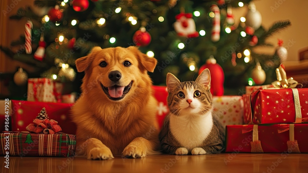 Cute Dog and Cat at Christmas: Cute dog and cat together near a Christmas tree and gifts, embodying the joy and warmth of the holiday season. Cute Dog and Cat at Christmas: Cute dog and cat together near a Christmas tree and gifts, embodying the joy and warmth of the holiday season.