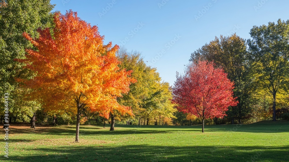 Fall colors bursting from the trees in a bright and sunny park setting Fall colors bursting from the trees in a bright and sunny park setting