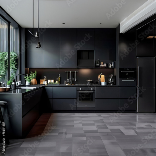 A sleek modern kitchen featuring black cabinets and warm wooden floors, creating a stylish and inviting atmosphere. photo