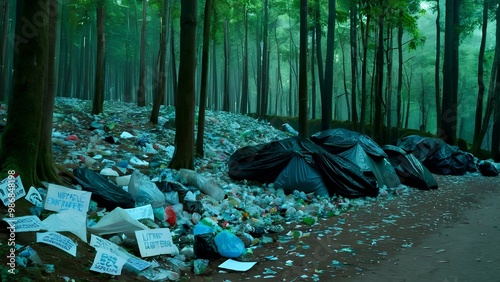 A green forest marred by piles of litter and trash, signifying the detrimental human impact on natural environments. photo