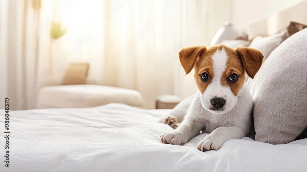 Cute puppy in a bedroom, offering a pet-friendly hotel concept with ample copy space. Cute puppy in a bedroom, offering a pet-friendly hotel concept with ample copy space.