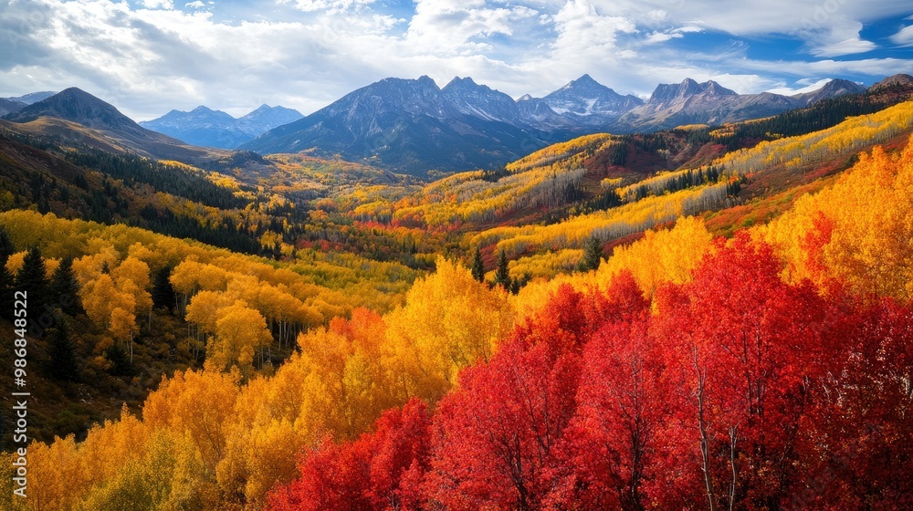 Fall foliage in the mountains, with bright red and yellow trees stretching as far as the eye can see