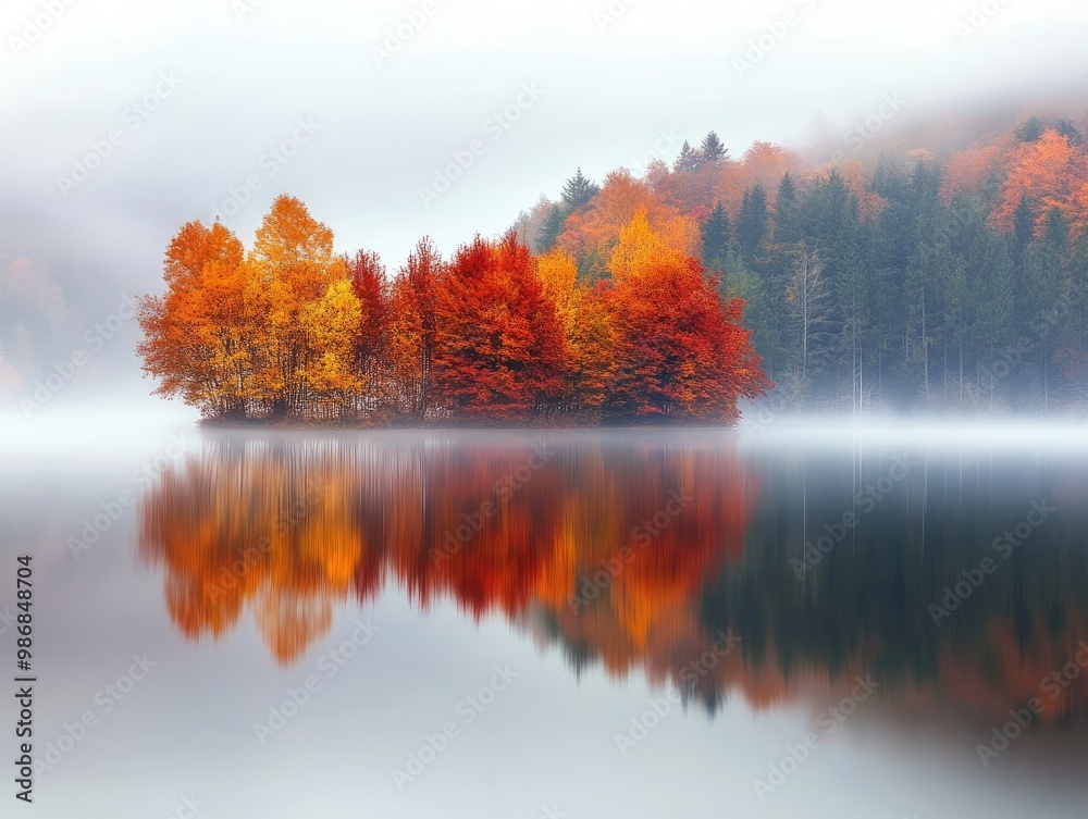 Fall morning mist rising over a peaceful lake, with autumn trees reflecting in the water Fall morning mist rising over a peaceful lake, with autumn trees reflecting in the water