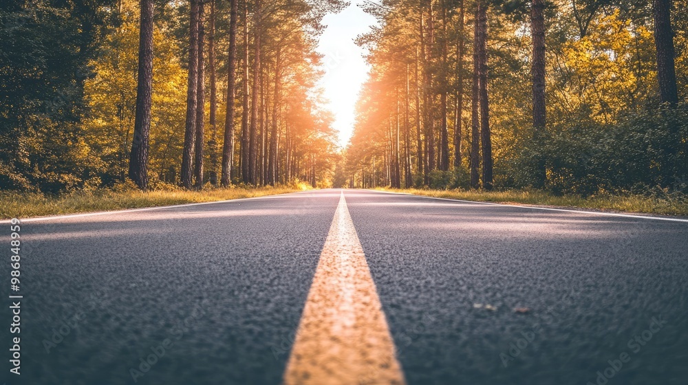 Fototapeta premium Empty Asphalt Road at Sunset with Trees and Shadows