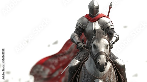 Animated knight riding a horse through a medieval kingdom, vibrant 4D cartoon style, detailed armor, dramatic scene, isolated on white background 