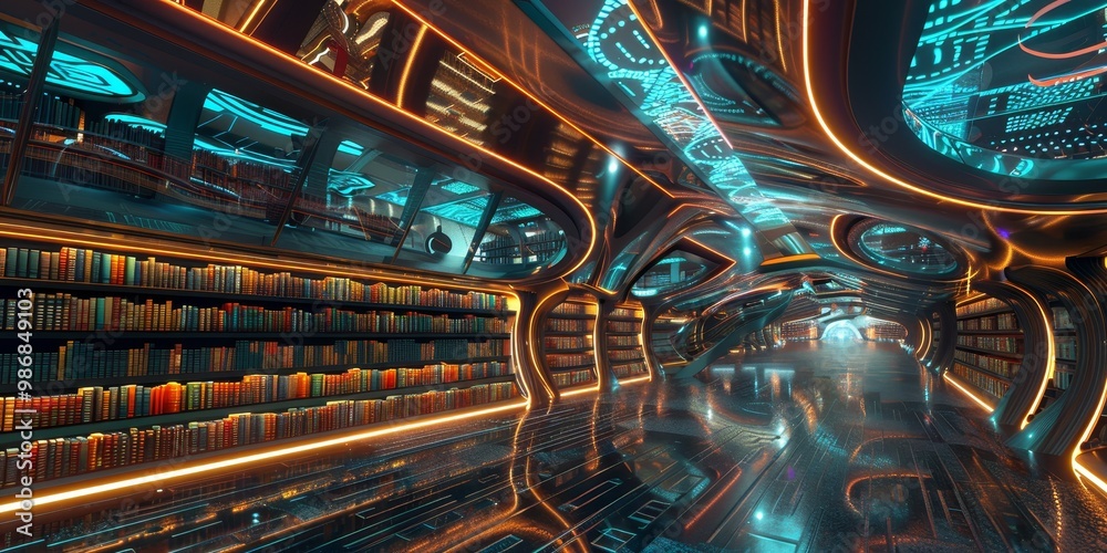 Fototapeta premium Modern virtual library showcasing a range of digital books and interactive features in a tech-forward 3D space, with dynamic lighting and vibrant, futuristic visuals