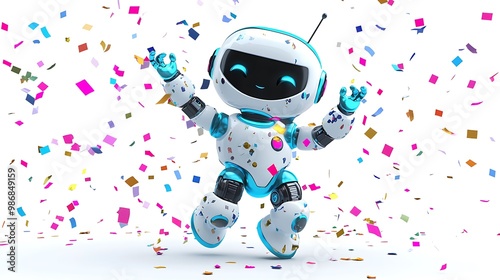 Cute animated robot dancing with confetti falling in the air, colorful 4D cartoon style, detailed facial expressions, isolated on white background 