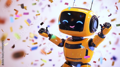 Cute animated robot dancing with confetti falling in the air, colorful 4D cartoon style, detailed facial expressions, isolated on white background 