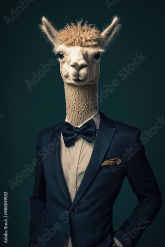 Alpaca Dressed in a Blue Suit and Bowtie photo