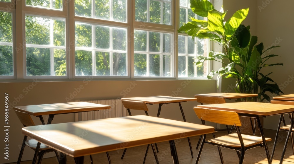 Fototapeta premium A spacious and well-lit classroom with wooden desks, a large window, and a lush green plant symbolizing learning, growth, and a welcoming environment.