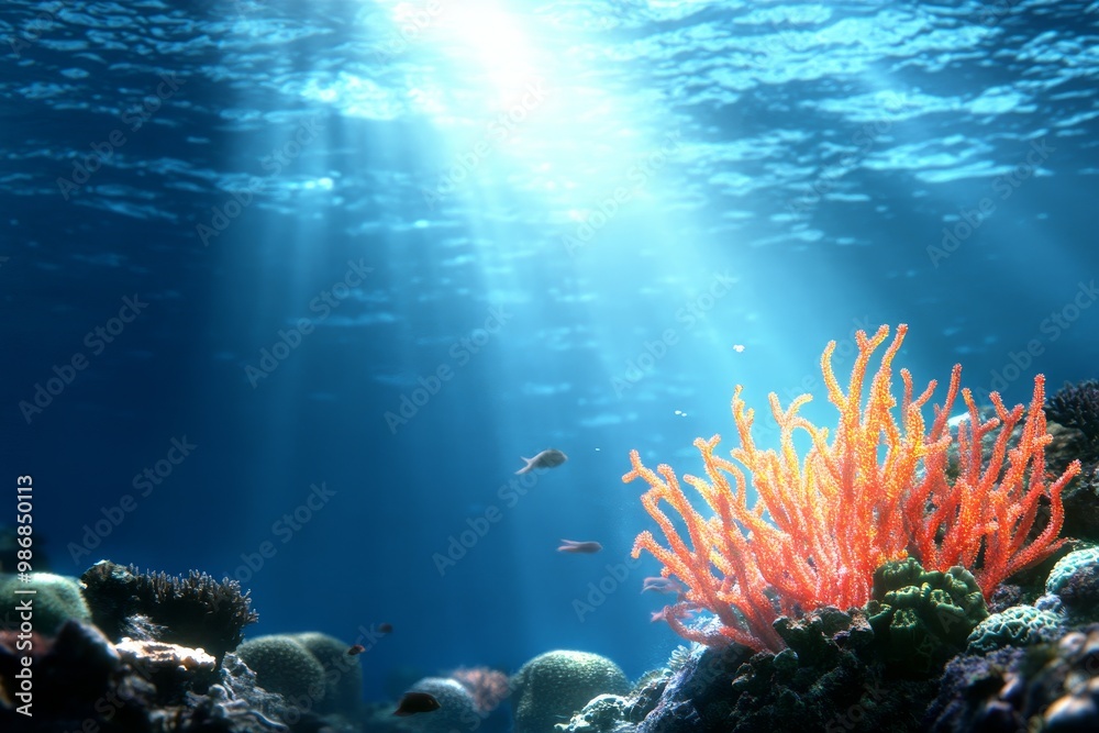 Fototapeta premium A stunning underwater scene with vibrant coral reefs, sunlight rays penetrating the blue water, and small fish swimming through the scene. This image evokes feelings of tranquility, beauty, and the wo