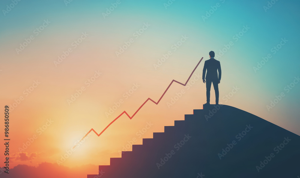 A man stands on a set of stairs in front of a red line that looks like an arrow A man stands on a set of stairs in front of a red line that looks like an arrow