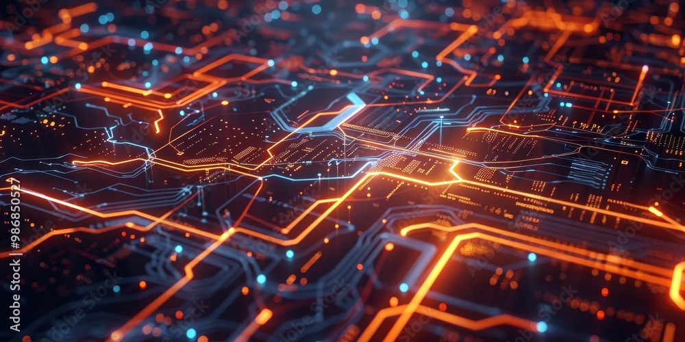 A futuristic digital roadmap visualized as a glowing blueprint with interconnected pathways, symbolizing strategic planning and technological progress in a high-tech environment