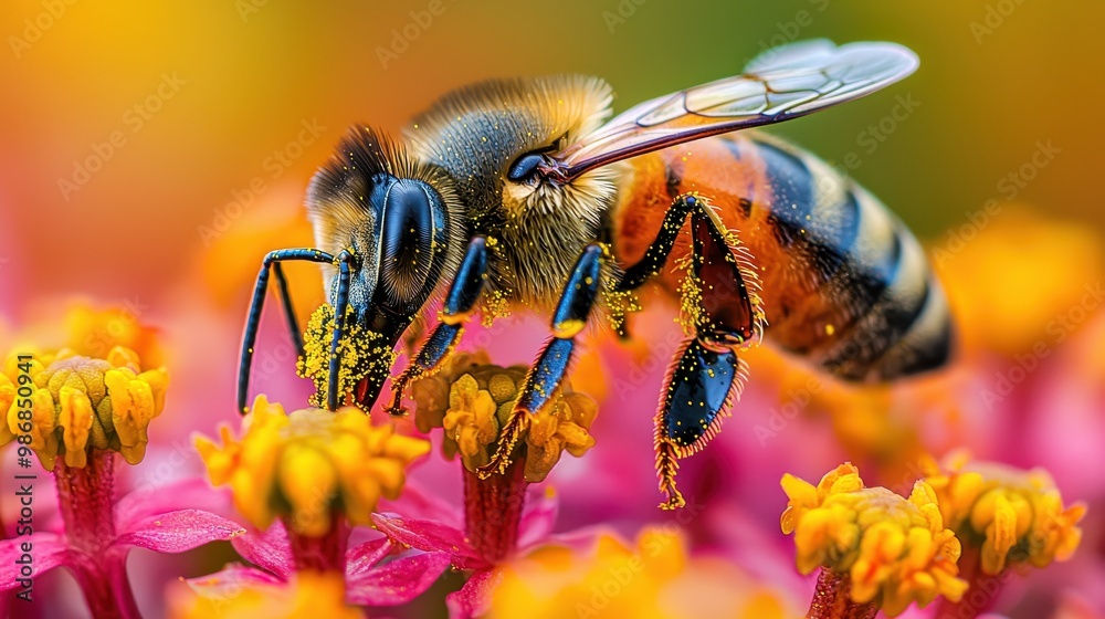 Naklejka premium Bee Collecting Pollen on Pink and Yellow Flower