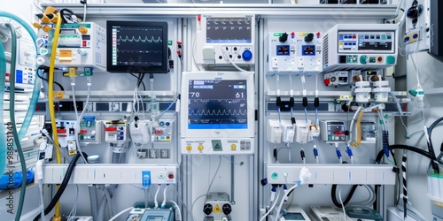 Ventilator and life support systems in a hospital's critical care unit, showing connected tubing, control panels, and various medical devices, highlighting the complexity of patient management