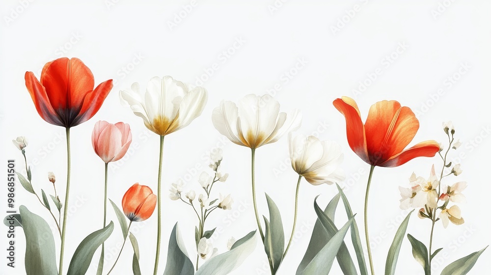 A vibrant collection of blooming tulips with soft white accents, symbolizing beauty, growth, new beginnings, spring, and nature's delicate balance. A vibrant collection of blooming tulips with soft white accents, symbolizing beauty, growth, new beginnings, spring, and nature's delicate balance.