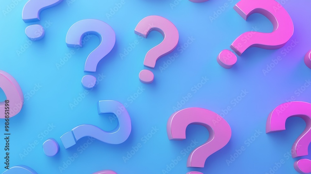 A vibrant gradient background with scattered question marks symbolizing curiosity, uncertainty, inquiry, knowledge, and exploration.