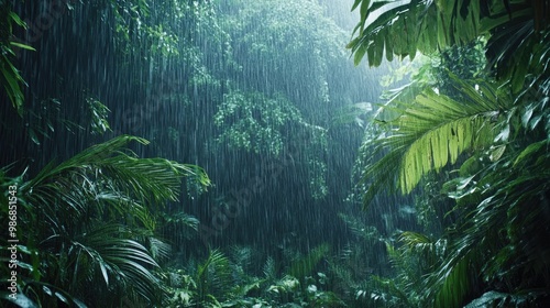 Rainy season hike through a tropical jungle, with heavy rainfall soaking the vibrant greenery