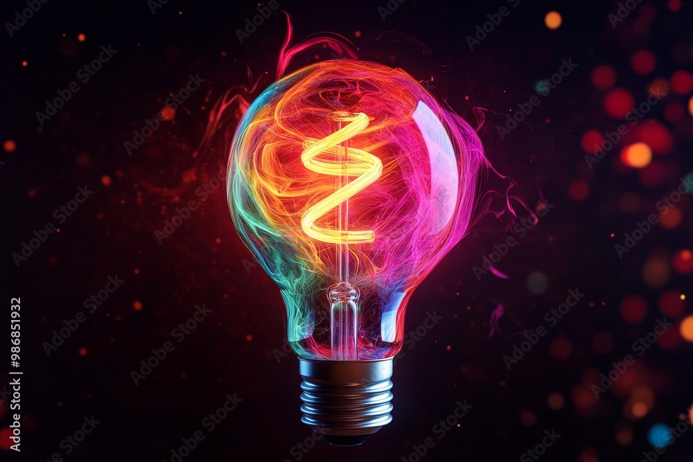 A vibrant light bulb with a swirling pattern of colors symbolizes creativity, innovation, energy, ideas, and inspiration. A vibrant light bulb with a swirling pattern of colors symbolizes creativity, innovation, energy, ideas, and inspiration.