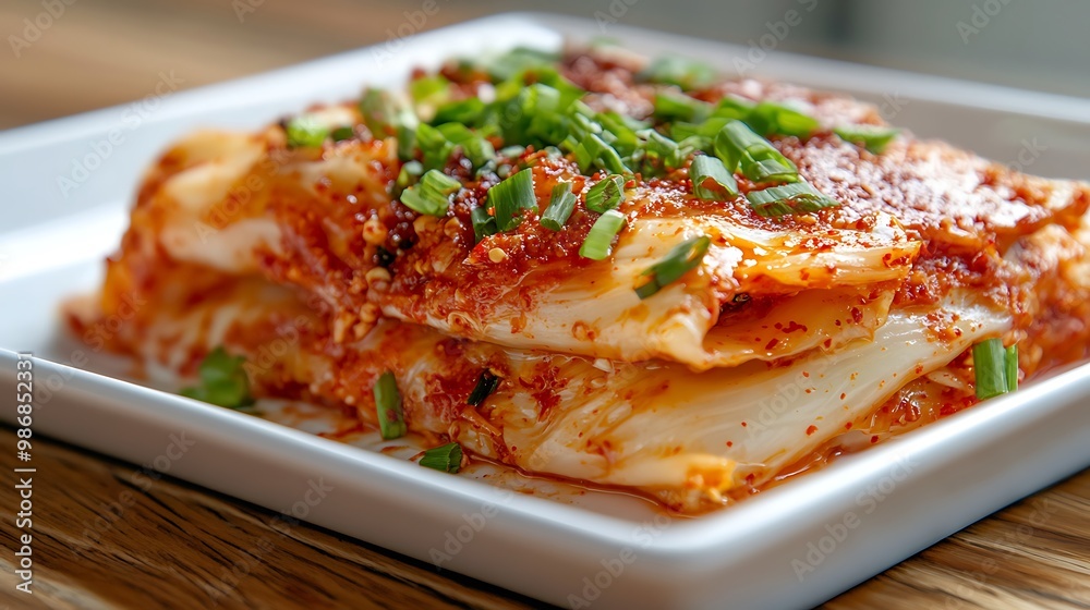 Fresh kimchi topped with chopped green onions and sesame seeds Fresh kimchi topped with chopped green onions and sesame seeds