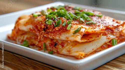 Fresh kimchi topped with chopped green onions and sesame seeds