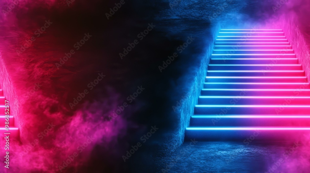 Naklejka premium Neon stairs with colorful smoke effects