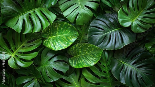 Tropical Green Leaves Pattern  Monstera Deliciosa and Variegated Leaves Background