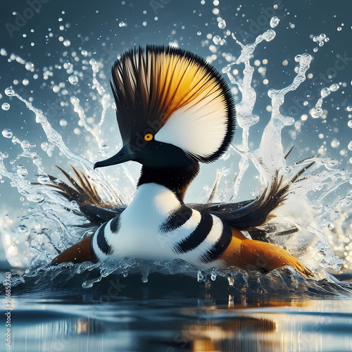 A closeup action shot of Hooded Merganser Bird splashing in water. photo