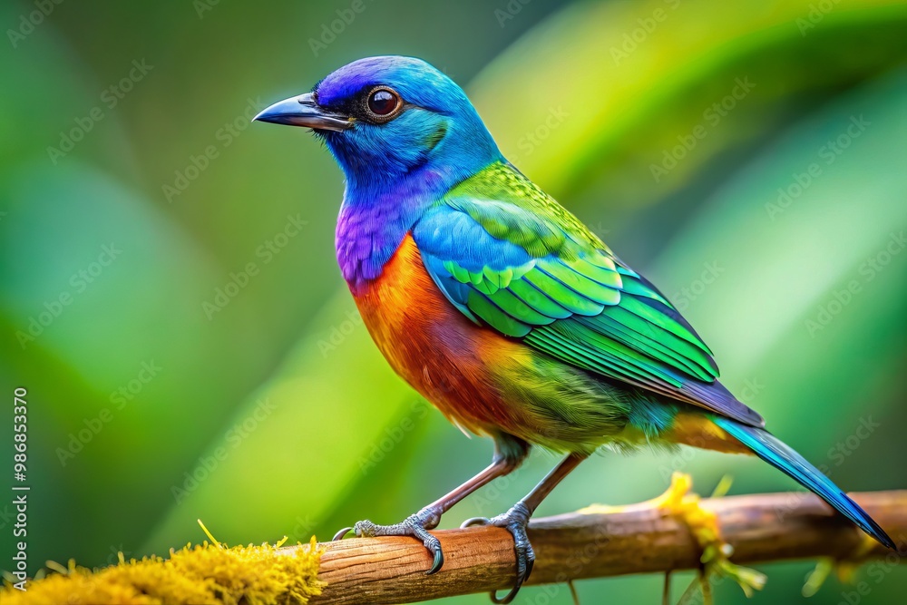 Vivid close-up of an iridescent ani bird perched on a branch with a blurred green background Vivid close-up of an iridescent ani bird perched on a branch with a blurred green background