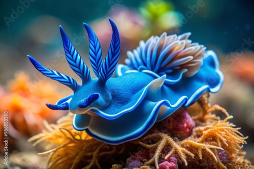 Vivid blue sea slug with ruffled appendages floating on the ocean's surface photo