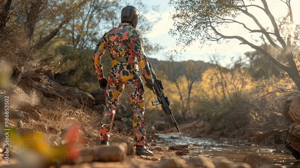 Fototapeta premium Futuristic Soldier in Camouflage Standing by a Creek