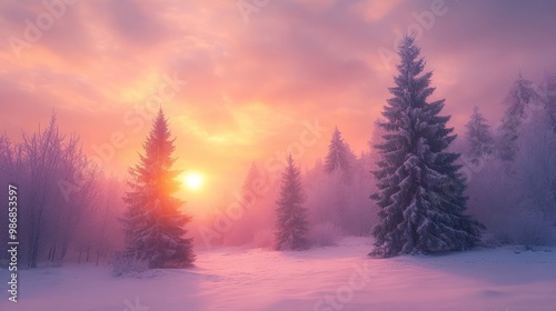 Winter season morning with frost-covered trees and a glowing sunrise over a snowy landscape