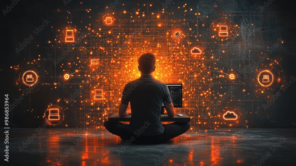 Man working on computer with glowing technology icons and network on wall