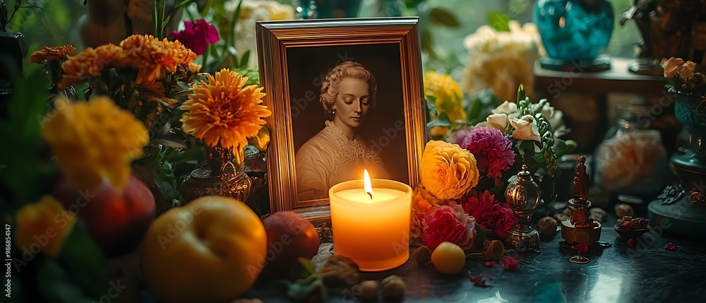 A lit candle sits in front of a framed portrait surrounded by colorful flowers, peaches, and other objects on a table. A lit candle sits in front of a framed portrait surrounded by colorful flowers, peaches, and other objects on a table.