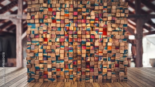 A photo of a wall with a textured, abstract design made of stacked wooden blocks. The wall is in a room with a wooden floor. The blocks are a mix of natural wood tones and vibrant, abstract colors.