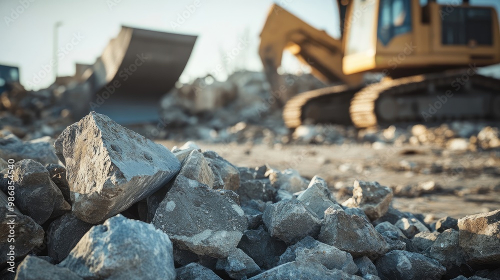 Fototapeta premium Construction Site Rubble and Debris with Excavator in the Background