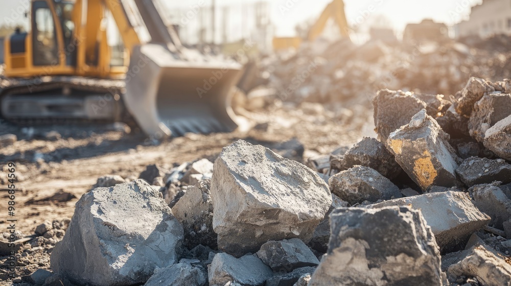 Construction Site Rubble and Debris with Excavator in the Background Construction Site Rubble and Debris with Excavator in the Background