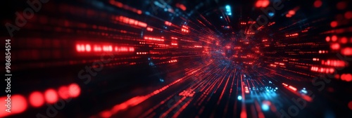 An abstract representation of a ransomware attack, featuring a digital tunnel with red and blue lights symbolizing data flow, hacking, cyber security, and the impact of malware.