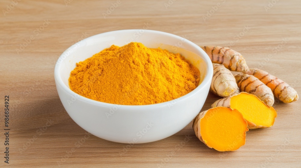 a bowl of turmeric powder and some turmeric slices a bowl of turmeric powder and some turmeric slices