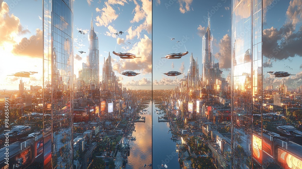 Fototapeta premium Futuristic Cityscape with Flying Cars and Skyscrapers