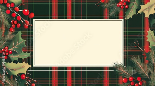 Traditional plaid pattern in green and red, with a central white rectangle for text, adorned with a small mistletoe illustration.