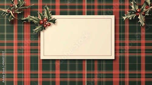 Cultural and Traditional plaid pattern in green and red, with a central white rectangle for text, adorned with a small mistletoe illustration.