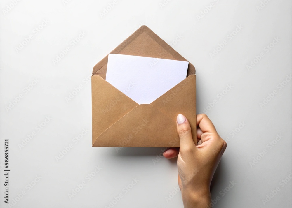 Collection set of hand holding brown and white blank envelope and card on white background . Mockup template for artwork graphic design