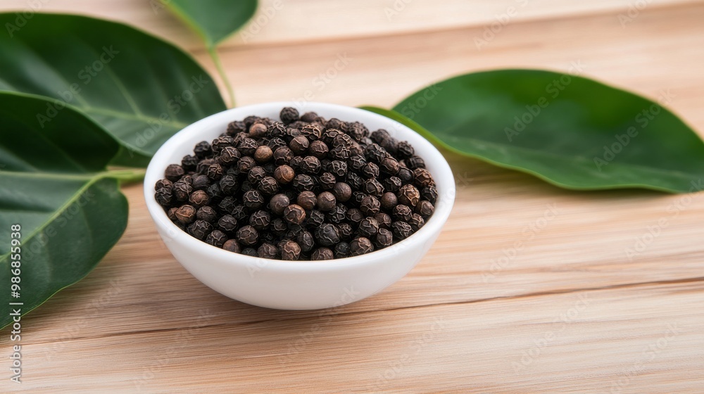 a bowl of black pepper on a wooden surface