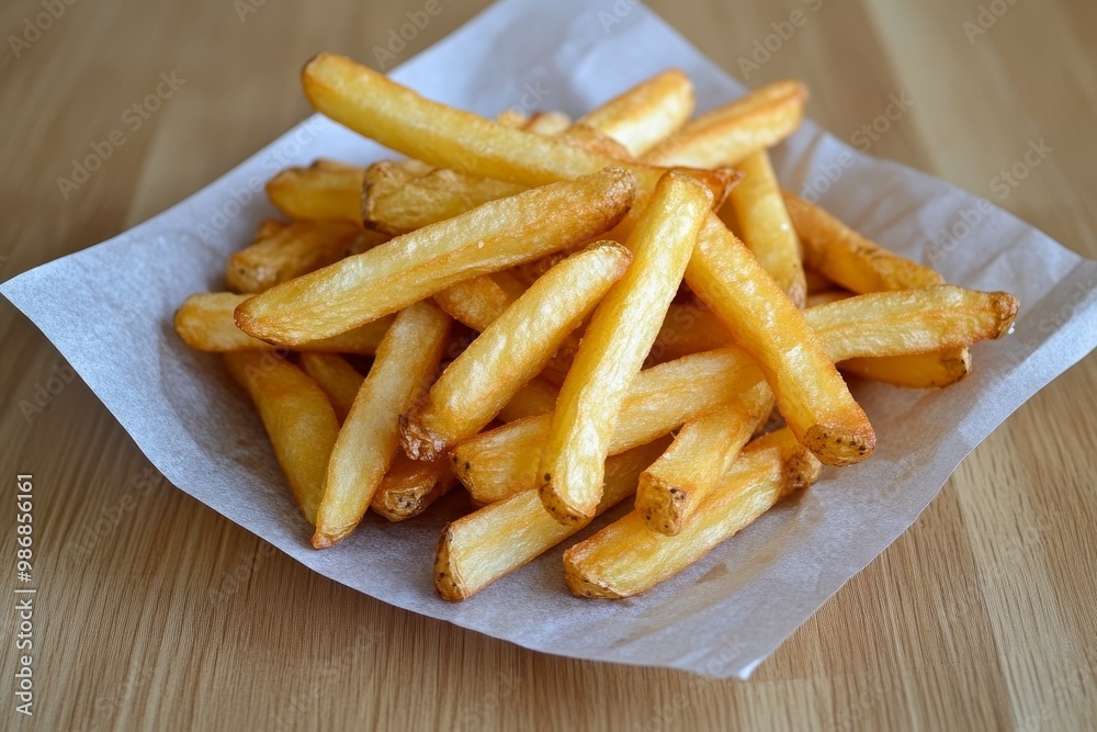Crispy Golden French Fries: Deliciously Golden and Perfectly Fried. A pile of golden brown French fries on parchment paper, a classic American comfort food, perfect for any occasion. Crispy Golden French Fries: Deliciously Golden and Perfectly Fried. A pile of golden brown French fries on parchment paper, a classic American comfort food, perfect for any occasion.