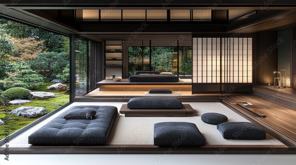 Fototapeta premium Modern Japanese Zen Interior Design with Futon and Tatami Mat