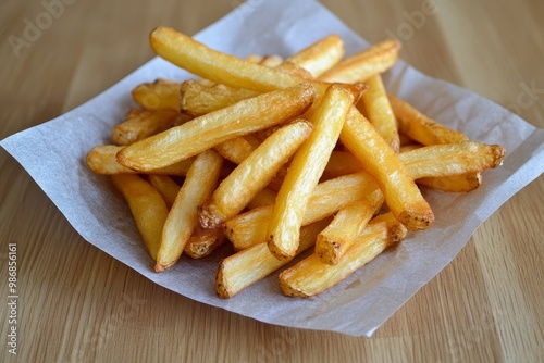 Crispy Golden French Fries: Deliciously Golden and Perfectly Fried. A pile of golden brown French fries on parchment paper, a classic American comfort food, perfect for any occasion.