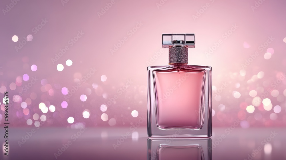 Elegant Pink Perfume Bottle on Reflective Surface, A sophisticated and alluring fragrance, encased in a beautiful pink glass bottle. The bottle is adorned with a silver cap, reflecting the light and Elegant Pink Perfume Bottle on Reflective Surface, A sophisticated and alluring fragrance, encased in a beautiful pink glass bottle. The bottle is adorned with a silver cap, reflecting the light and