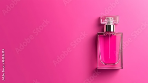 Empty perfume bottle on pink background, symbolizing a fresh start, a new beginning, a blank canvas, the potential for change, and the anticipation of fragrance.